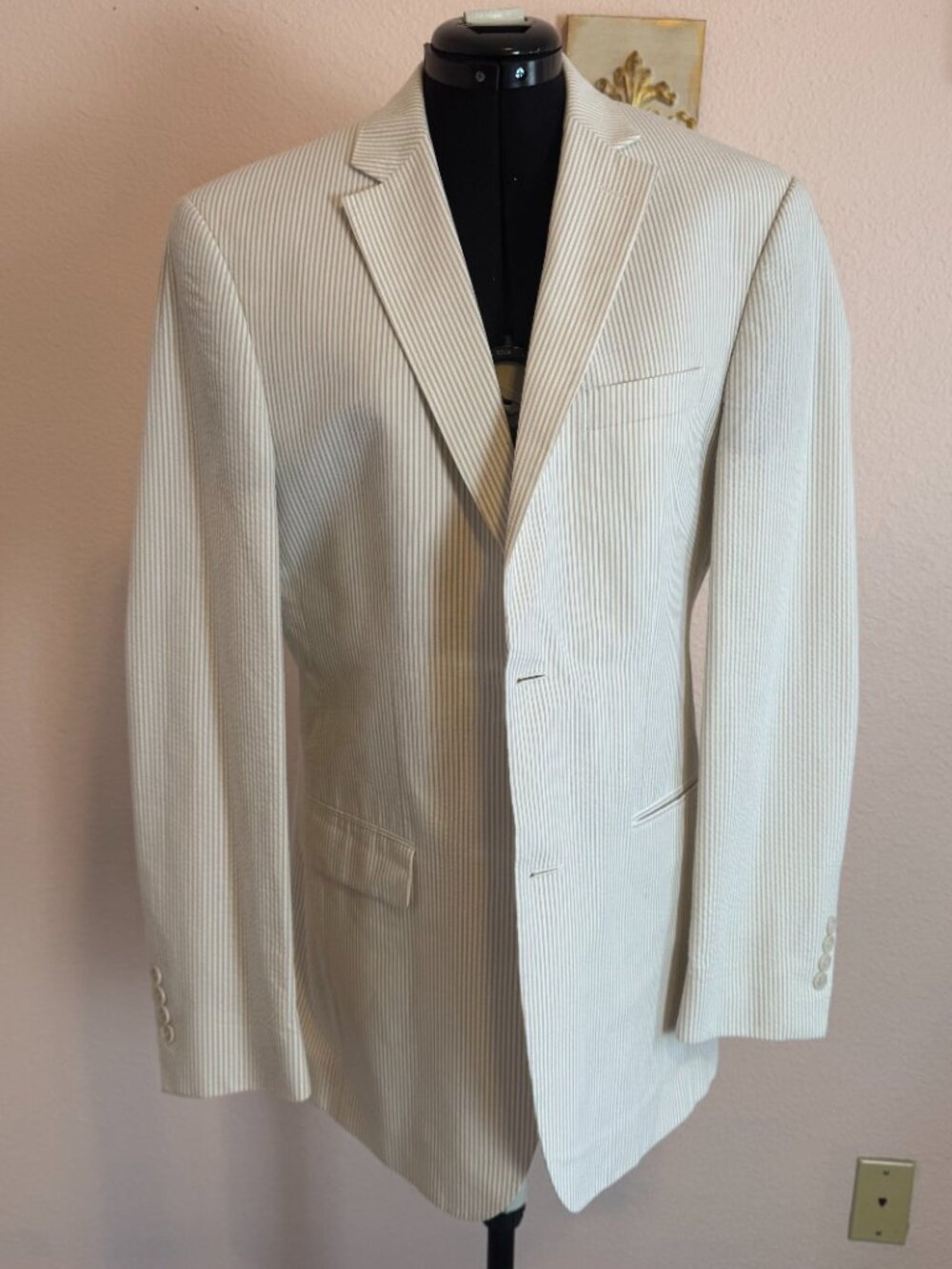 Jos A Bank Seersucker Blazer 40R 34 Waist BEIGE STRIPE 100% Cotton 2-Button